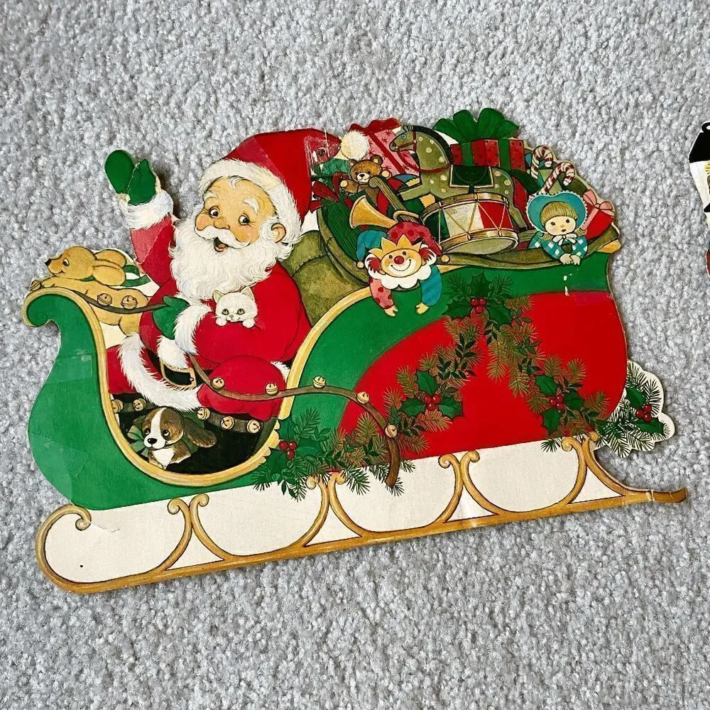 Set of 4 Holiday Christmas Diecuts by Eureka U.S.A. Candy cane Santa/Sleigh Caro